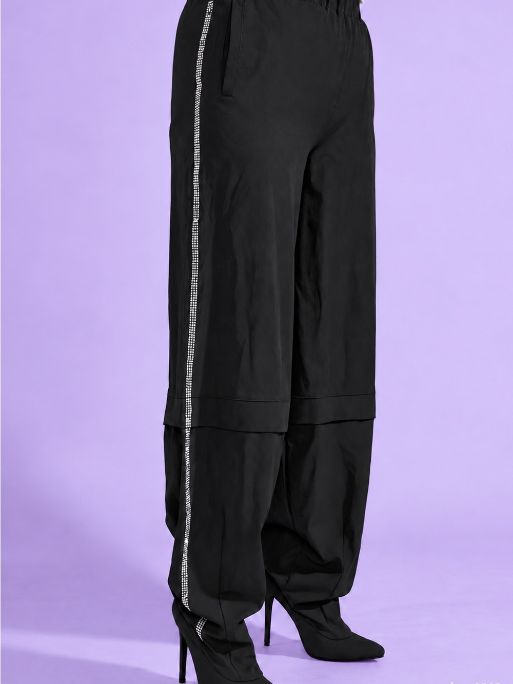 Cute Black Rhinestone Baggy Pant Boots – Stiletto Heels